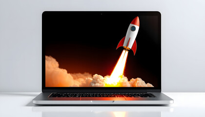 Launching Space Rocket From Laptop Screen isolated with white highlights, png