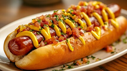 Poster - A clean and stylish presentation of a hot dog with a rich flavorful sausage and an elegant bun topped with a sophisticated blend of condiments and served on a chic plate Camera lens 50mm studio shot