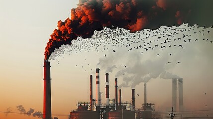 a dytpic ad showing a factory smokestack spewing smoke into the air on one side and a flock of birds in murmurations on the other