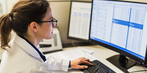 a female doctor examining health data on a computer monitor, hospital staff background; medical prof