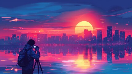 Vibrant cartoon vector of a photographer capturing a beautiful sunset over a city skyline, with vibrant colors and creative elements highlighting the art of photography