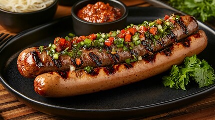 Poster - An elegant image of a hot dog with a juicy sausage and upscale toppings styled on a sleek black plate with a side of high-end condiments emphasizing a premium dining experience Camera lens 50mm