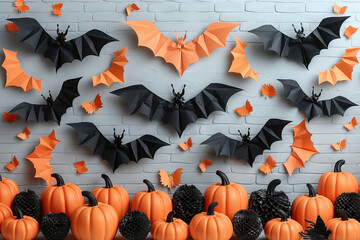 Wall Mural - Halloween flat lay: pumpkins and bats