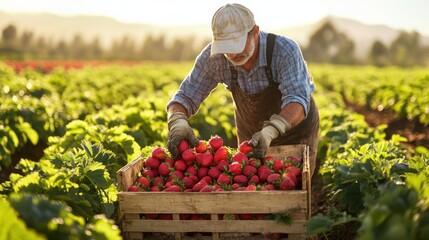 Wall Mural - Farmer Harvesting Ripe Strawberries