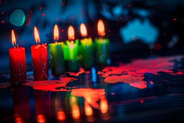 Wall Mural - A stock market candlestick chart with green and red candles on a black background, representing the concept of world global trade and finance