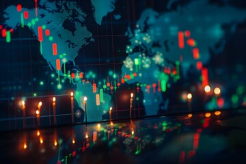 Wall Mural - A stock market candlestick chart with green and red candles on a black background, representing the concept of world global trade and finance