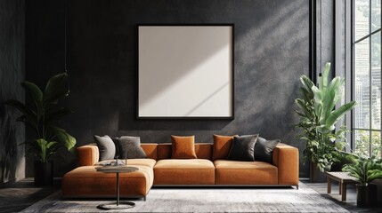 Poster - Modern Living Room with Orange Sofa and Large Blank Canvas