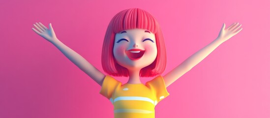 Joyful animated character with raised arms a young 3D cartoon woman with vibrant red bob hairstyle celebrating on a cheerful pink backdrop Emotions and lifestyle theme