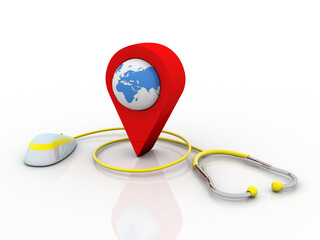 Fototapete - 3d rendering Red map pointer with mouse connected stethoscope