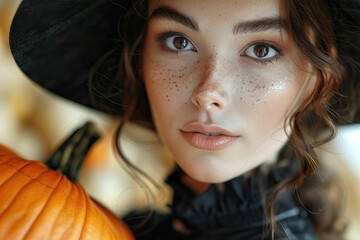 Magician woman with a pumpkin in Halloween attire