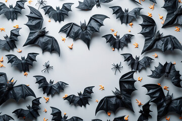 Wall Mural - Spooky Halloween flat lay with bats and spiders