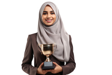 Wall Mural - Young arabian woman receiving award for achievement, isolated on white background.