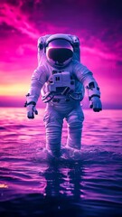 Wall Mural - An astronaut walking in the water of an alien planet