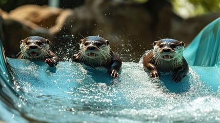 Poster - Three Otters Swimming Through a Blue Water Slide