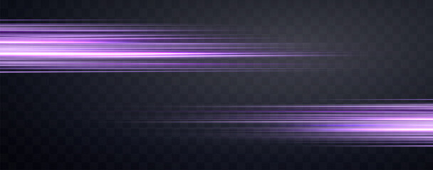 Speed rays, velocity light neon flow, zoom in motion effect, purple glow speed lines, colorful light trails, stripes. Abstract background, vector illustration.