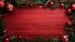 © The 2R Artificiality - Christmas theme on red wooden surface with garland and decorations Artistic layout with space for text viewed from above Festive Christmas border