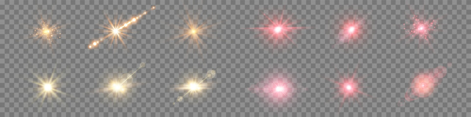 Wall Mural - Red and gold lens flares set. Sun flash with rays or spotlight and bokeh. Isolated on transparent background. Glow flare light effect. Vector illustration.