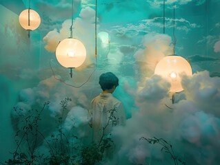 Wall Mural - Dreamy Silhouette in a Cloud-Filled Room