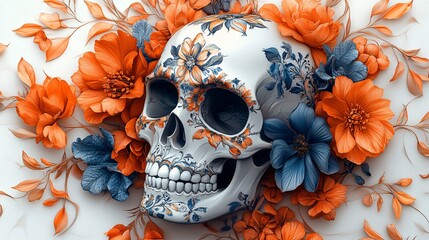 White skull with an ornate design of orange and blue flowers, combining a classic skull with vibrant floral elements.