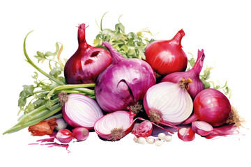 Wall Mural - Bright watercolor painting showing red onion, isolated on white background.