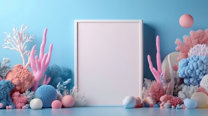 Colorful pastel colors learning rooms for pre-primary students or young children blank mockup frames on mermaid underwater world wall of kindergarten or children playroom, display and show mockup 