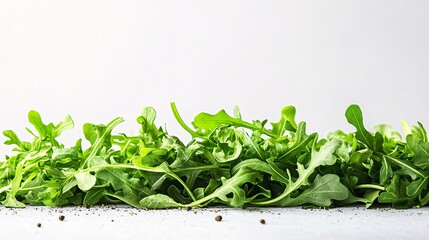 Wall Mural - Salad featuring arugula leaves against a white background, with ample space for text, showcasing a clean and fresh presentation.