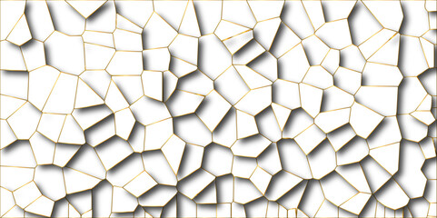 Poster - Abstract white paper cut shadows background realistic crumpled decoration textured with multi layers.Broken tiles mosaic seamless pattern.white gravel with golden line wallpaper. vector illustration.	