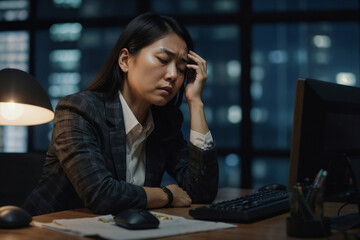 Portrait of tired Asian woman manager with, overtime, at night in the office