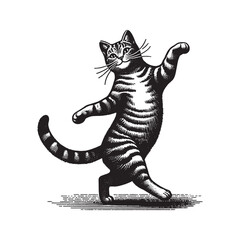 Poster - Realistic tabby cat dancing. vintage black and white engraving vector isolated illustration, cut out, woodcut. Print, tattoo