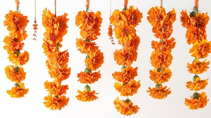 Hanging flower decoration marigold flower isolated on white background Onam festival background Pongal and Diwali decorations : Generative AI