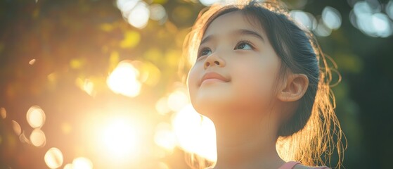 Wall Mural - Young Girl Looking Up at the Sunset with Hopeful Expression