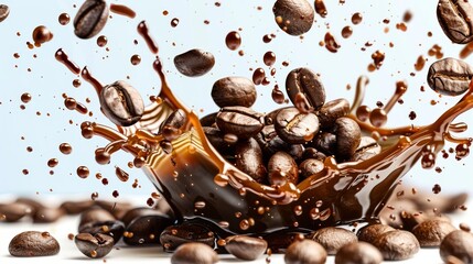 Wall Mural - Coffee splash with coffee beans on white background