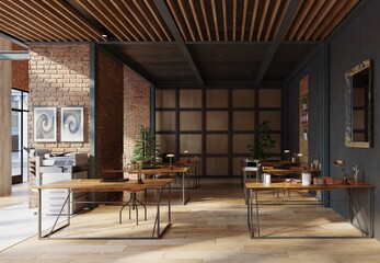 Sticker - open office space with wooden floors and brick walls