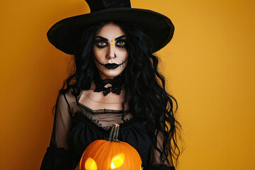 Mysterious magician woman with glowing pumpkin