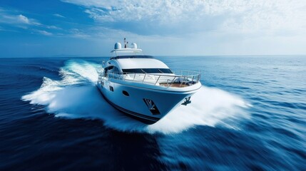 Poster - White Yacht Cutting Through Blue Ocean Water