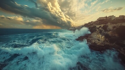 Poster - Coastal Town Under a Dramatic Sky with Waves Crashing Against the Cliffs