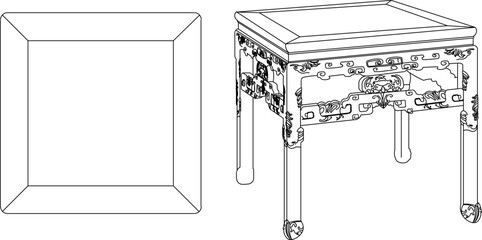 Wall Mural - Vector sketch illustration silhouette design of antique ethnic vintage table furniture ornate traditional Chinese wooden ornaments