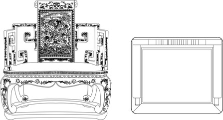 Vector sketch illustration silhouette design of antique ethnic vintage chair furniture full of carved ornate wooden ornaments