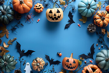 Sticker - Festive Halloween decorations on blue backdrop