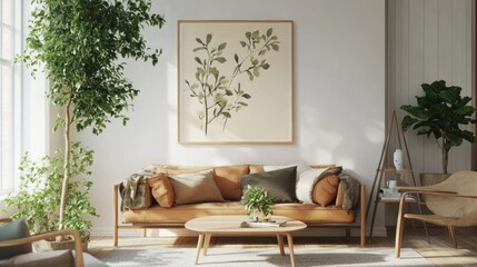 Canvas Print - Modern Living Room Interior with Wooden Furniture and Greenery