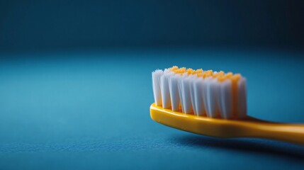 Yellow toothbrush with toothpaste close-up on a blue background, highlighting dental care with room for text.