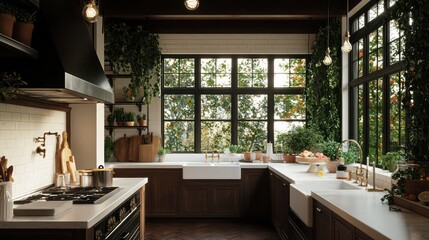 Wall Mural - A kitchen with a large window and a view of trees. The kitchen is well-lit and has a modern design