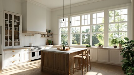 Wall Mural - A kitchen with a large island and a window with a view of trees. The kitchen is clean and well-lit, with a potted plant on the counter. Scene is calm and inviting, with the natural light