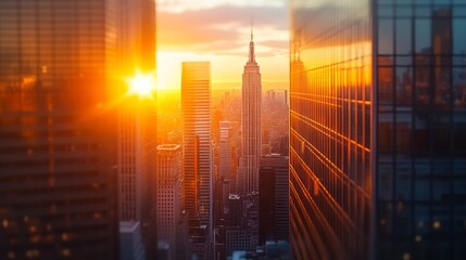 Poster - Close-up of the sun setting between skyscrapers, with the building edges creating a natural frame for the warm, colorful sunset and the city skyline.