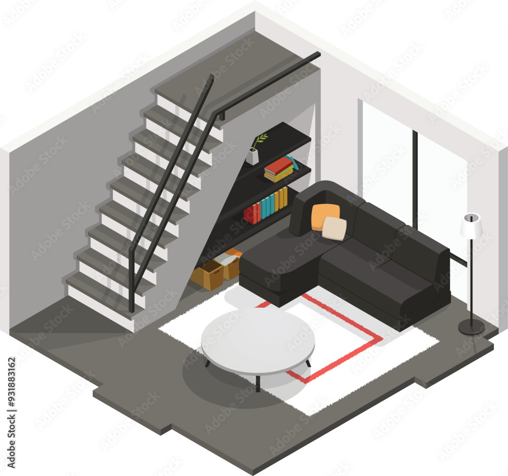Isometric Living Room Interior With Stairs Stock Vector | Adobe Stock