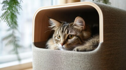 Poster - Close-up view of a compact, cozy cat house made from eco-friendly materials, featuring a soft interior and a simple, modern design.