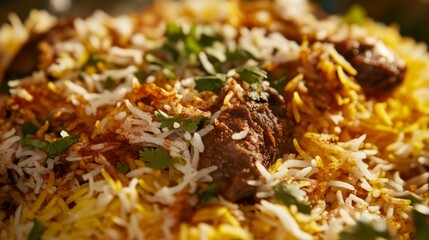 Wall Mural - Close-up view of a traditional Indian biryani with layers of fragrant rice, meat, and spices, showcasing the dish's vibrant colors and garnishes.