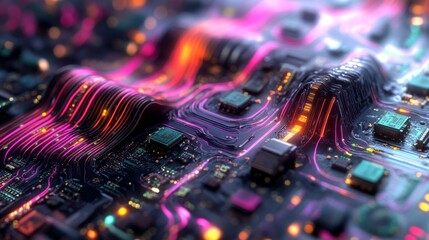 Fototapete - Colorful electric waves spreading across a circuit board, illustrating the power and complexity of electronic devices in modern technology.
