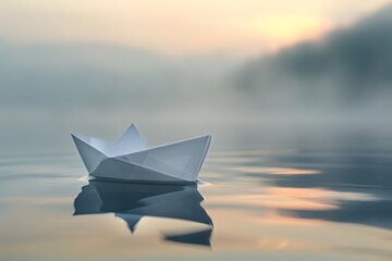 Wall Mural - Serene Paper Boat Floating on a Misty Lake at Dawn