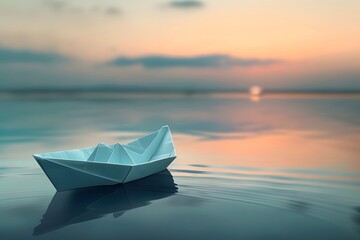 Canvas Print - Tranquil Sunset with a Paper Boat on Calm Waters